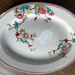 May include: An oval ceramic serving platter with a cream-colored base. The rim features a pink and white geometric border. The center is decorated with hand-painted floral branches in shades of pink, teal, and yellow, featuring blooming flowers.