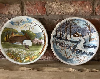 Ben Haslam Fiesta Brazil Plates: Spring & Winter Scenes, Gold Trim - Set of 2