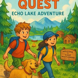 Puede incluir: Ilustración de la portada de un libro infantil titulado "Campfire Quest Echo Lake Adventure". Dos niños con mochilas y un golden retriever caminan por un sendero. El fondo muestra un lago, montañas, árboles y cabañas. Un letrero dice "Welcome to Camp Whistlewood Est. 1925."