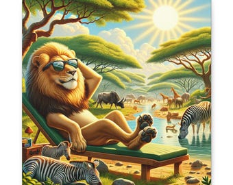 Relaxing Lion Canvas Art Vibrant Nature Scene, Wall Art, Art Print, Sunlit Lion Canvas Art