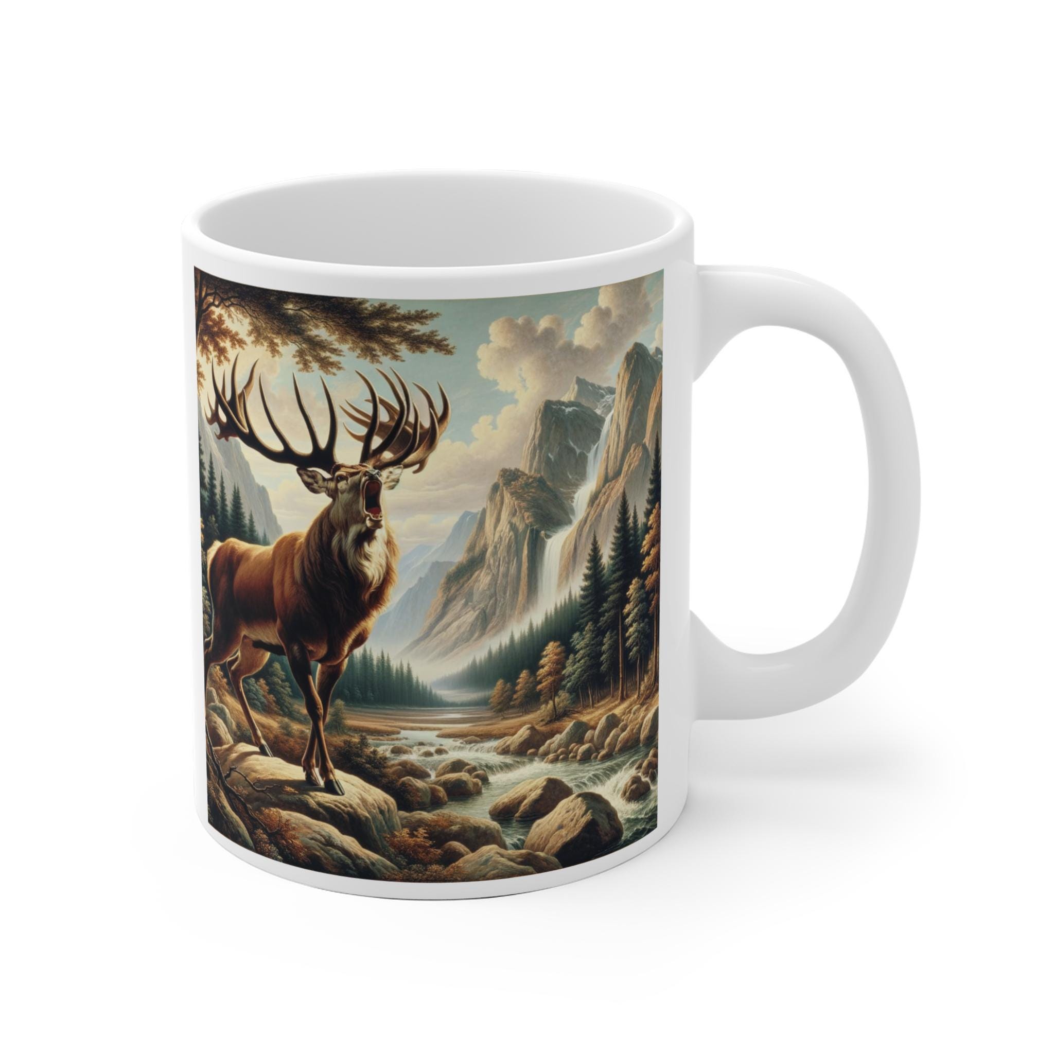 Hunting Mug, Deer Mug, Elk, Deer and Forest Art, Ceramic Coffee Cup, Gift for Hunters and Nature Lovers