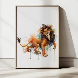 May include: Watercolor art print of a lion with a dark mane and a sinister expression. The lion is depicted in shades of brown and orange, with colorful watercolor splashes around it. The artwork is framed in a light-colored wooden frame.
