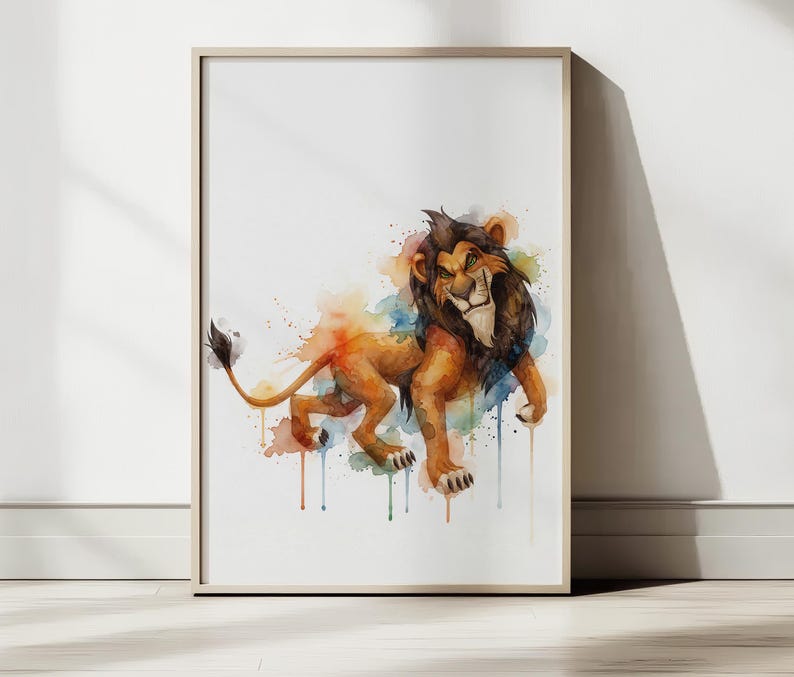 May include: Watercolor art print of a lion with a dark mane and a sinister expression. The lion is depicted in shades of brown and orange, with colorful watercolor splashes around it. The artwork is framed in a light-colored wooden frame.