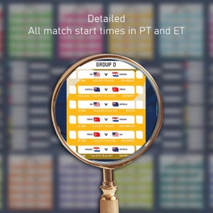 May include: A magnifying glass with a gold-toned handle focuses on a Group D match schedule. The chart displays national flags, dates, locations, and start times in PT and ET for games between the USA, Paraguay, Australia, and T&uuml;rkiye.