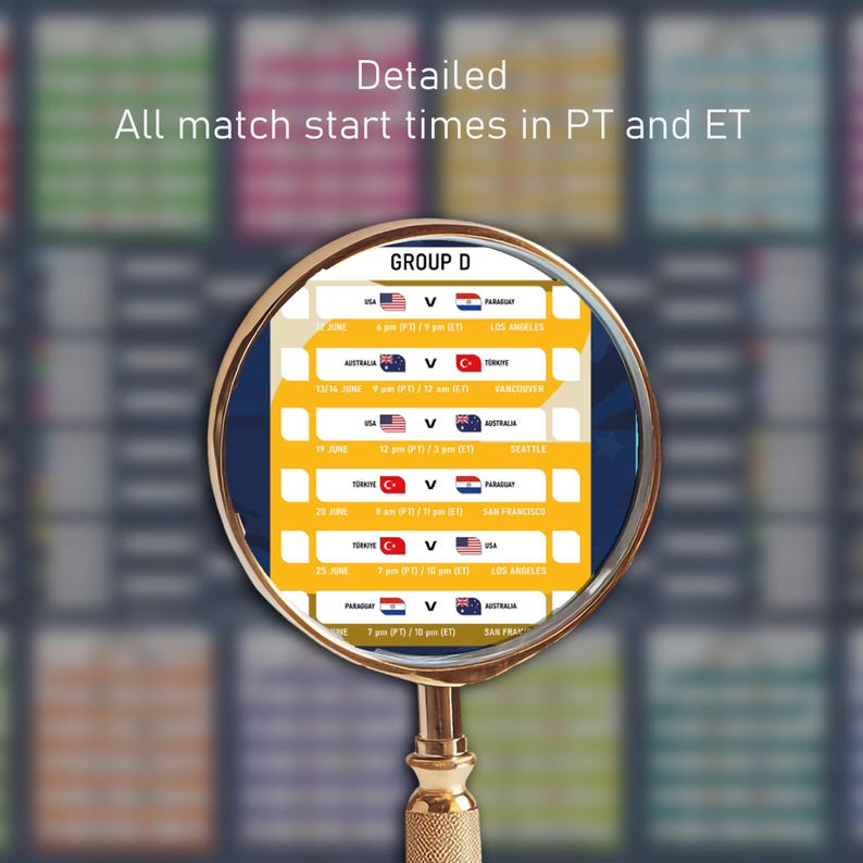 May include: A magnifying glass with a gold-toned handle focuses on a Group D match schedule. The chart displays national flags, dates, locations, and start times in PT and ET for games between the USA, Paraguay, Australia, and T&uuml;rkiye.