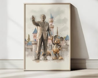 Walt Disney and Mickey Mouse Watercolor Print – Disneyland Castle Wall Art | Disney Lovers Home Decor | Partners Statue Poster