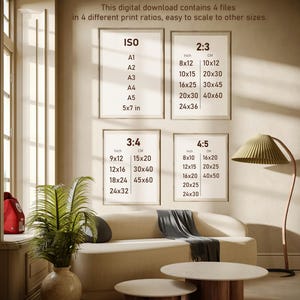May include: Interior design image featuring a beige sofa, two round coffee tables, and framed art prints. The prints display size ratios in inches and centimeters. A floor lamp with a pleated shade and a potted plant add to the room's decor.