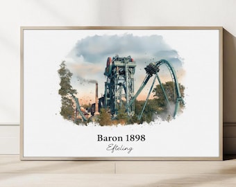 Baron 1898 Efteling Poster – Aquarell Achterbahn Kunstdruck, Freizeitpark Wanddekoration, Reiseposter Niederlande