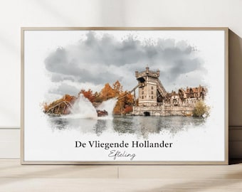 Könnte beinhalten: Aquarelldruck von De Vliegende Hollander in Efteling. Das Kunstwerk zeigt eine Szene aus einem Vergnügungspark mit einer Achterbahn, Wasserspielen und einer burgähnlichen Struktur unter einem bewölkten Himmel. Der Druck ist gerahmt.
