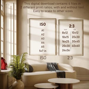 May include: Interior scene with framed art prints, a beige sofa, and two round coffee tables. The prints display size options in inches and centimeters. The text on the prints reads: "This digital download contains 4 files in 2 different print ratios, with and without text. Easy to scale to other sizes."