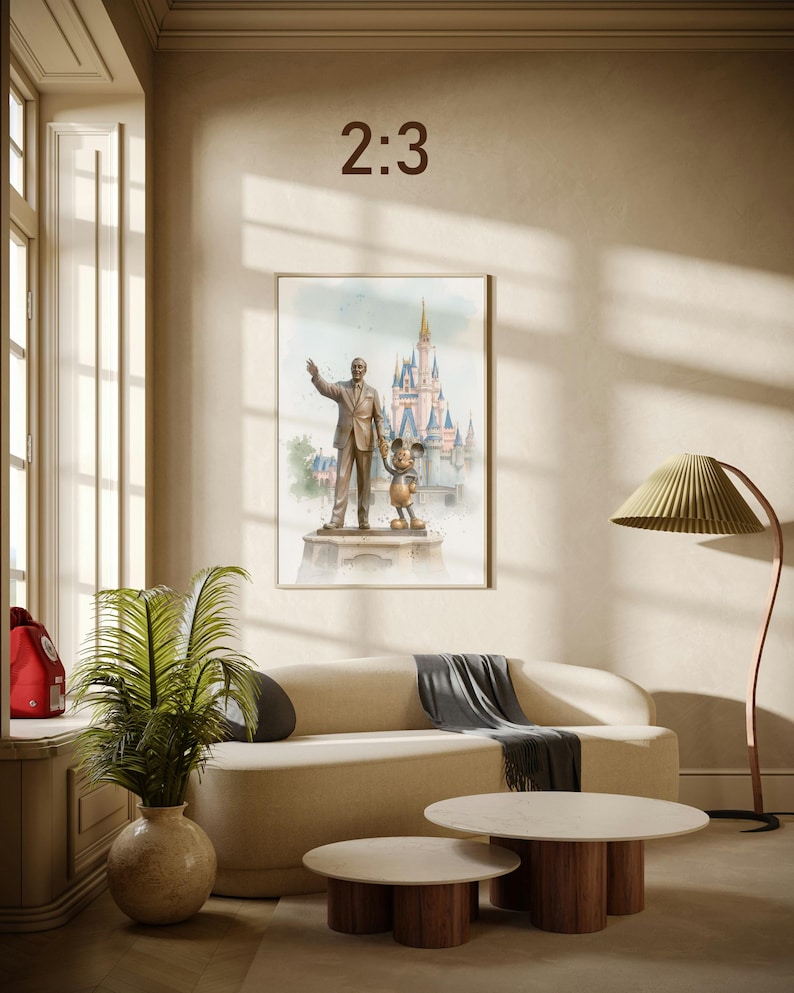 May include: A framed watercolor print featuring a statue of a man and Mickey Mouse in front of a castle. The print is displayed on a wall above a beige sofa. The text "2:3" is in the upper center of the image.