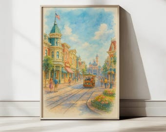 Disneyland Main Street Watercolor Print – Vintage Disney Wall Art, Castle Streetcar Painting, Magical Theme Park Decor, Disney Gift for Fans