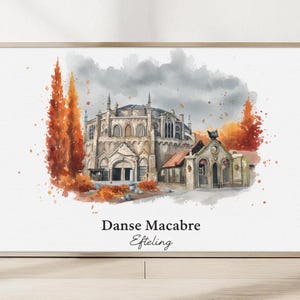 Puede incluir: Impresión en acuarela enmarcada de Danse Macabre Efteling, con un edificio gótico y follaje otoñal naranja y marrón. La obra de arte se exhibe sobre una superficie de madera. El texto 'Danse Macabre Efteling' es visible.