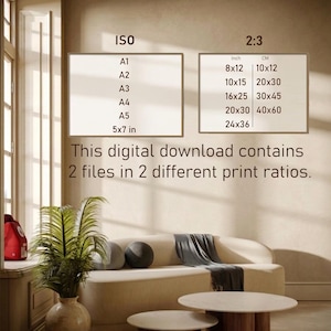 May include: Interior design image featuring a beige sofa, two round coffee tables, and a large potted plant. The image includes two charts with print sizes in inches and centimeters, and the text: "This digital download contains 2 files in 2 different print ratios."