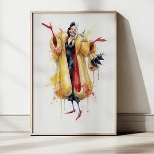May include: Watercolor art print of a character in a yellow coat with red gloves and shoes. The character has a black and white hairstyle and is wearing a black dress. The art print is framed in a light wood frame.
