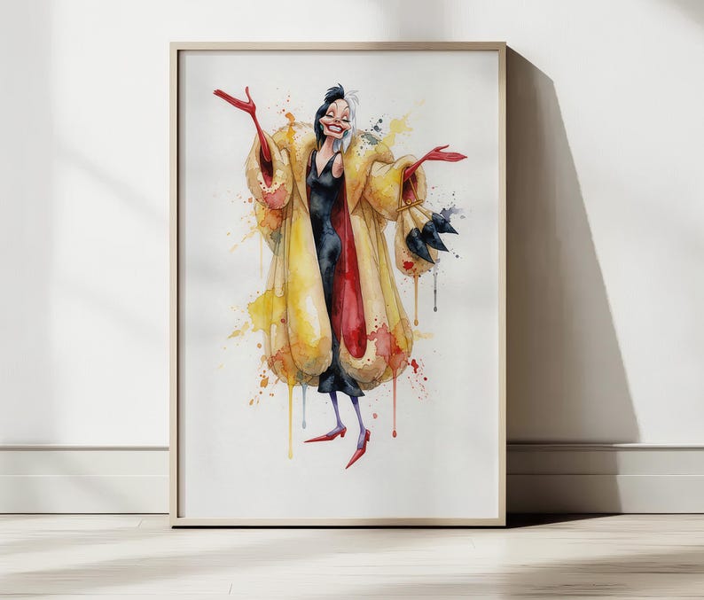 May include: Watercolor art print of a character in a yellow coat with red gloves and shoes. The character has a black and white hairstyle and is wearing a black dress. The art print is framed in a light wood frame.