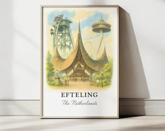 Könnte beinhalten: Gerahmter Aquarelldruck von Efteling, einem niederländischen Freizeitpark. Das Kunstwerk zeigt ein großes, verziertes Gebäude mit einem markanten Dach, Achterbahnen und einem Turm. Der Text "Efteling The Netherlands" ist unten abgebildet.