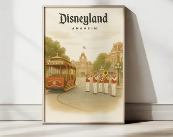 Disneyland Poster Anaheim | Vintage Main Street Plaza Print | Disney Streetcar & Marching Band Wall Art | Retro Disney Decor