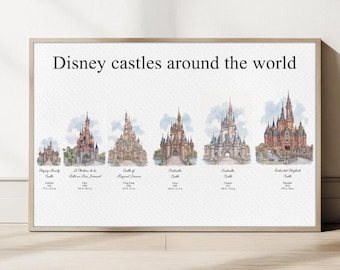 Pôster dos Castelos da Disney ao Redor do Mundo | Arte de Parede em Aquarela com Tema de Parques da Disney | Impressão Comparativa dos Parques da Disney | Download Digital | Arte para Quarto Infantil