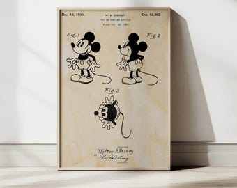 Vintage Mickey Mouse Patent Print, W.E. Disney 1930 Toy Blueprint Poster, Digital Download, 2x3 Ratio Printable Wall Art