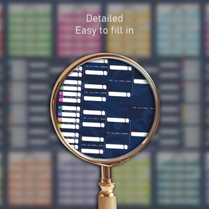May include: A gold-rimmed magnifying glass focused on a dark blue tournament bracket chart with white rectangular fill-in fields. The text "Detailed Easy to fill in" appears above the magnifying glass, which shows clear lines and labels.