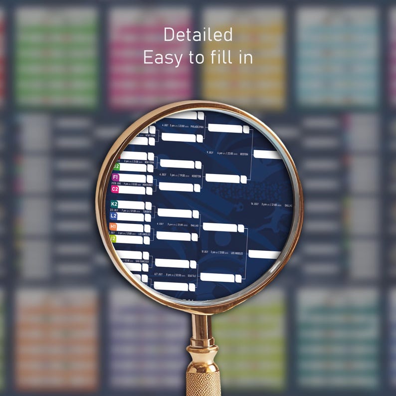 May include: A gold-rimmed magnifying glass focused on a dark blue tournament bracket chart with white rectangular fill-in fields. The text "Detailed Easy to fill in" appears above the magnifying glass, which shows clear lines and labels.