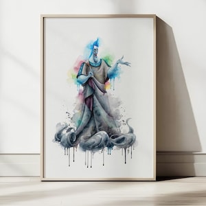 May include: Watercolor art print of a character with blue skin, a blue flame-like hairstyle, and a dark robe. The artwork features colorful paint splatters and drips, framed in a light wood frame. The character is depicted with an outstretched hand.