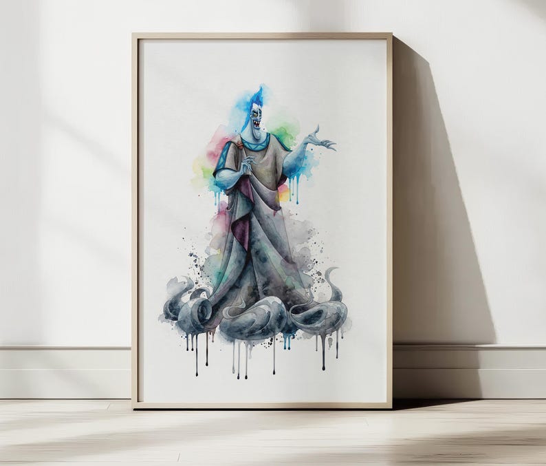 May include: Watercolor art print of a character with blue skin, a blue flame-like hairstyle, and a dark robe. The artwork features colorful paint splatters and drips, framed in a light wood frame. The character is depicted with an outstretched hand.