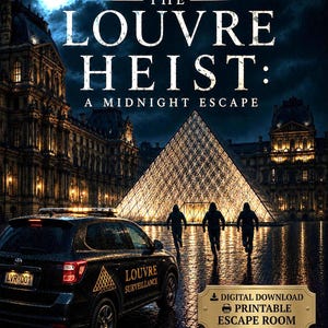 Puede incluir: Un juego de escape room imprimible y descargable digitalmente titulado "The Louvre Heist: A Midnight Escape". La imagen muestra el Museo del Louvre por la noche, con una pirámide y un SUV negro con la etiqueta "Louvre Surveillance".