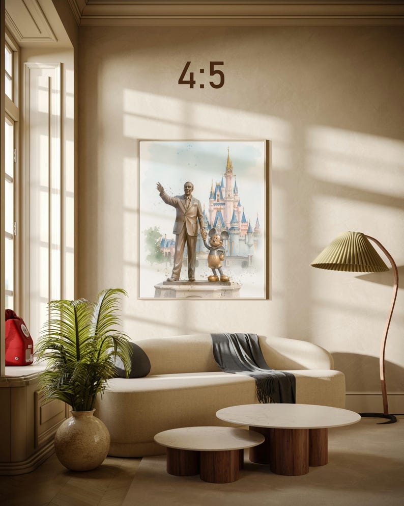 May include: A framed print featuring a watercolor illustration of Walt Disney and Mickey Mouse in front of Cinderella's castle. The print is displayed above a beige sofa with two round coffee tables. The text "4:5" is above the print.