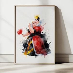 May include: Watercolor print of the Queen of Hearts from Alice in Wonderland. The framed artwork features the character in a red, black, and yellow dress, holding a heart-shaped scepter. The art has a watercolor effect with paint splatters.