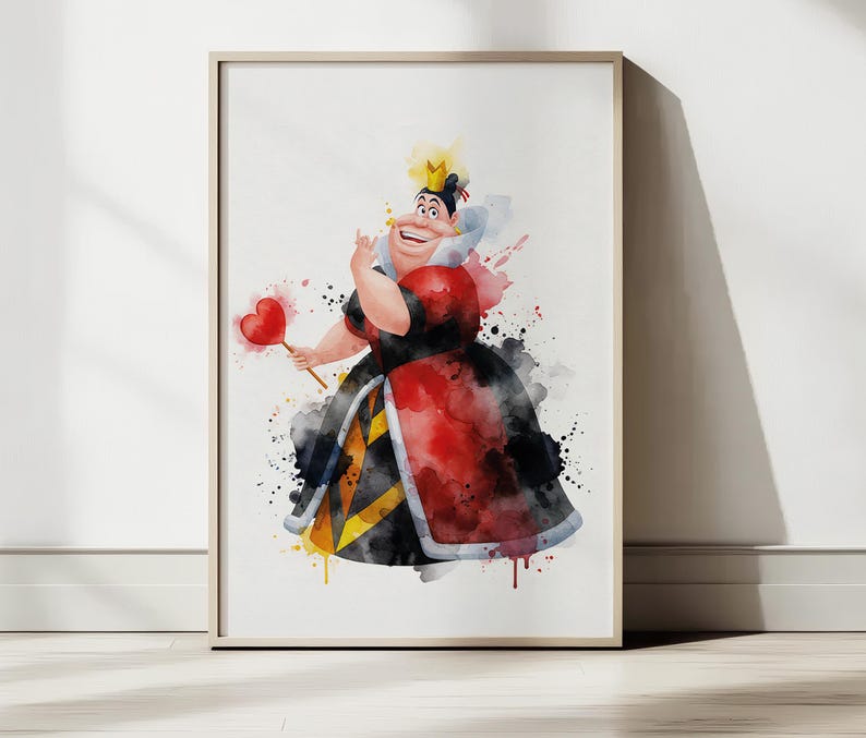 May include: Watercolor print of the Queen of Hearts from Alice in Wonderland. The framed artwork features the character in a red, black, and yellow dress, holding a heart-shaped scepter. The art has a watercolor effect with paint splatters.