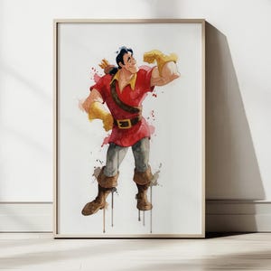 May include: Watercolor print of a muscular man in a red tunic, brown boots, and yellow gloves, with a brown belt and a bow and arrow on his back. The artwork has a splash effect and is framed in a light wood frame.
