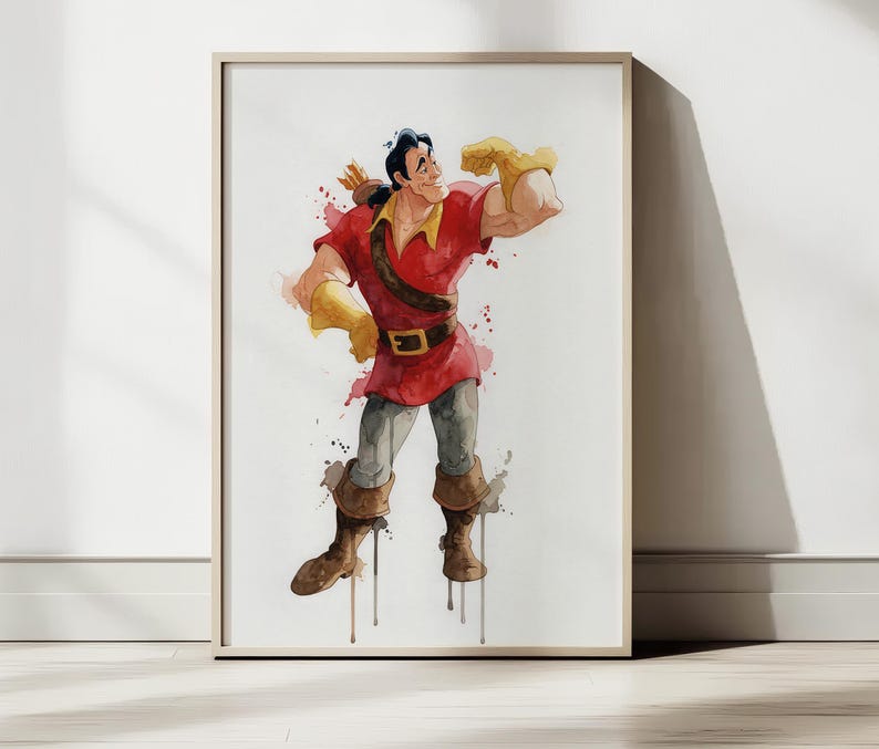May include: Watercolor print of a muscular man in a red tunic, brown boots, and yellow gloves, with a brown belt and a bow and arrow on his back. The artwork has a splash effect and is framed in a light wood frame.