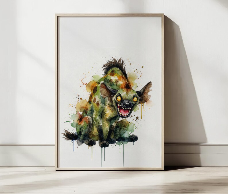 May include: Watercolor art print of a hyena with a menacing expression. The hyena is depicted in shades of green, brown, and yellow, with a spotted pattern. The artwork is framed in a light wood frame and is suitable for wall decor.