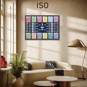 May include: A rectangular wall poster featuring a dark blue FIFA World Cup tournament bracket chart with colorful group stage boxes, a central gold trophy icon, and the text ISO at the top, displayed in a thin wooden frame on a neutral wall.