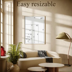 May include: A living room scene with a beige sofa, two round coffee tables, and a framed print. The print displays various paper sizes, including A1, A2, A3, A4, A5, and A6, with the text "Easy resizable" above it.