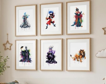 Disney Villains Watercolor Wall Art Set of 12 | Printable Digital Download | Kids Room Nursery Decor | 2x3 & ISO Prints | Hades Jafar Scar