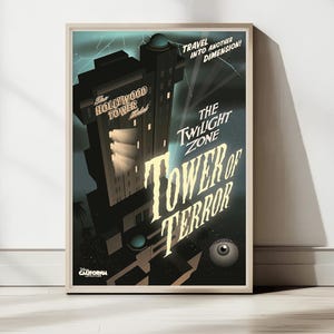May include: A framed poster featuring the Hollywood Tower Hotel from The Twilight Zone: Tower of Terror. The poster has a vintage travel theme with a dark color palette, lightning bolts, and the text "Travel into Another Dimension!"