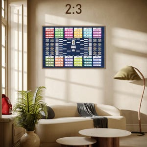 May include: A framed chart with colorful sections and the text "FIFA WORLD CUP" hangs on a wall. The room features a beige sofa, two round coffee tables, a floor lamp, and a large window with a plant.
