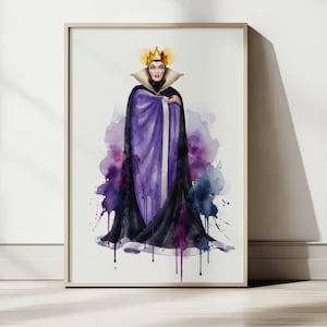 May include: A framed watercolor print of a regal figure in a purple and black cloak, wearing a gold crown. The artwork features a splash of purple, blue, and pink watercolor paint. The figure has a stern expression.