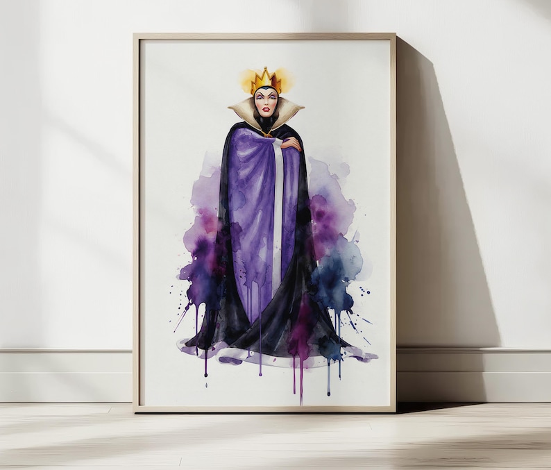 May include: A framed watercolor print of a regal figure in a purple and black cloak, wearing a gold crown. The artwork features a splash of purple, blue, and pink watercolor paint. The figure has a stern expression.