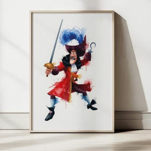 May include: Watercolor print of Captain Hook from Peter Pan, framed in a light wood. The artwork depicts Hook in a red coat, holding a sword and hook. The background is white with red watercolor splashes.