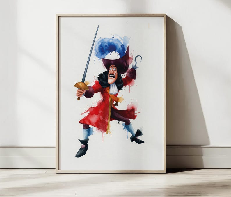 May include: Watercolor print of Captain Hook from Peter Pan, framed in a light wood. The artwork depicts Hook in a red coat, holding a sword and hook. The background is white with red watercolor splashes.