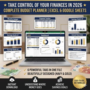 Op de afbeelding: Een laptop met een financieel dashboard met grafieken en diagrammen, omringd door informatiekaarten. De tekst luidt: "TAKE CONTROL OF YOUR FINANCES IN 2026 COMPLETE BUDGET PLANNER". Eurobiljetten en munten zijn ook zichtbaar.