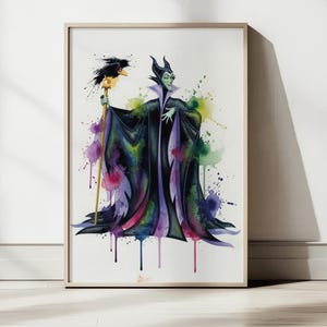 May include: Watercolor art print of a character in a black cloak with a staff and a raven. The artwork features a color splash effect with purple, green, and pink hues. The print is framed in a light wood frame.