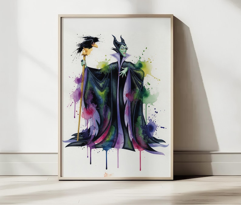 May include: Watercolor art print of a character in a black cloak with a staff and a raven. The artwork features a color splash effect with purple, green, and pink hues. The print is framed in a light wood frame.