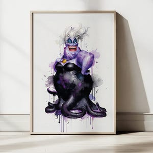 May include: Watercolor art print of Ursula from The Little Mermaid. The character is depicted in shades of purple and black, with white hair and a gold necklace. The artwork has a watercolor effect with paint splatters.