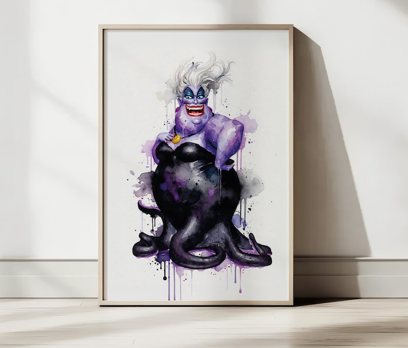 May include: Watercolor art print of Ursula from The Little Mermaid. The character is depicted in shades of purple and black, with white hair and a gold necklace. The artwork has a watercolor effect with paint splatters.