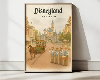 Disneyland Poster Anaheim | Vintage Main Street USA Print | Sleeping Beauty Castle & Horse-Drawn Trolley Wall Art | Retro Disney Decor